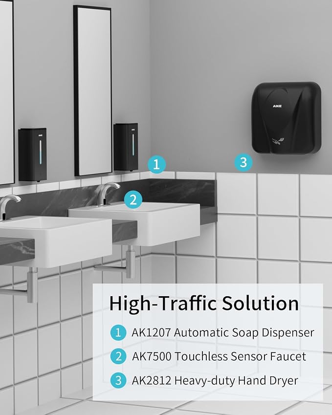 AIKE Heavy Duty Automatic Soap Dispenser,33.8oz for Bathroom,Matteblack | 5-Level and Savety Key for Commercial(4*AA Batteries Not Included),Screw Wall Mount for Space-Saving,Stainless Steel AK1207
