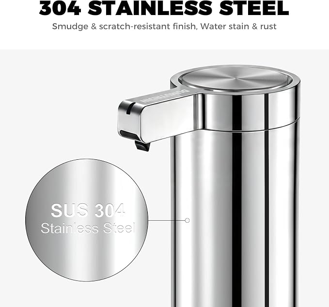 Touchless Automatic Soap Dispenser Stainless Steel with Sensor Infrared 9 oz Electric IPX5 Waterproof USB-C Charging Motion Sensor for Kitchen & Bathroom (Chrome Silvery)
