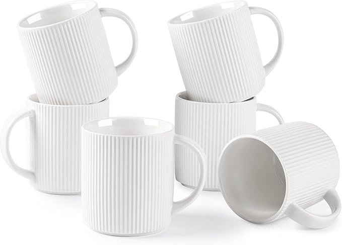 theterra Ceramic Coffee Mugs Set of 6, 14.2oz Handmade Coffee Cups with Handle for Latte, Tea, Milk, Beer, Hot Cocoa, Bright White