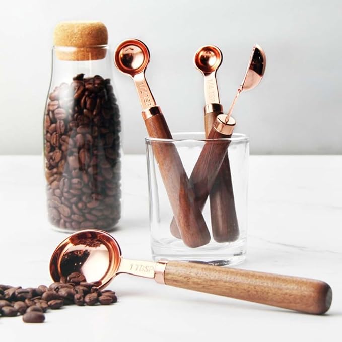 Unomor 8pcs Walnut Handle Measuring Cups and Spoons Set, Golden Stainless Steel Baking Tools with Double Graduated Units, Easy to Use Multifunction Kitchen Gadgets for Precise Ingredient