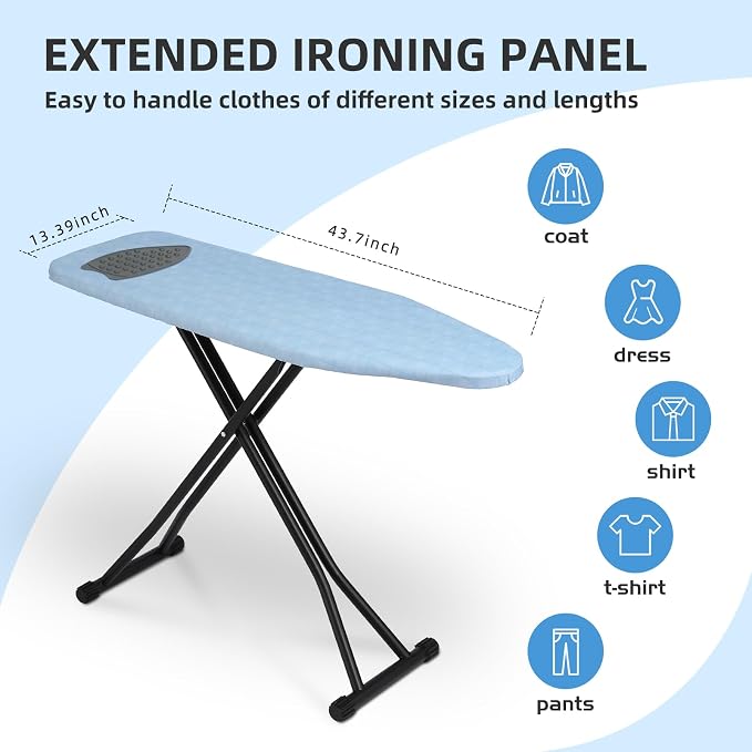 Ironing Board Adjustable Height Folding Ironing Board with Iron Pad, Heat-Resistant Cover, Thick Steel Tube Compact Iron Board (Blue)