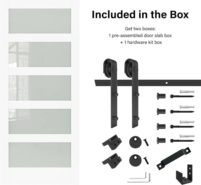 30" x 80" Pre-Assembled Sliding Barn Doors and 6FT Sliding Door Hardware Kit Included & Handle, 5-Lites Frosted Glass Barn Door for Closet Bathroom Bedroom, Solid & Water-Resistant MDF, Paintable