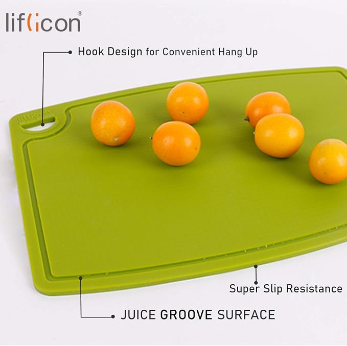 Silicone Thick Cutting Boards Mats Set of 3 Foldable & Flexible Design Juice Grooves Easy Grip Handle Dishwasher Safe for Kitchen,BPA free Silicone Cutting Board-Green