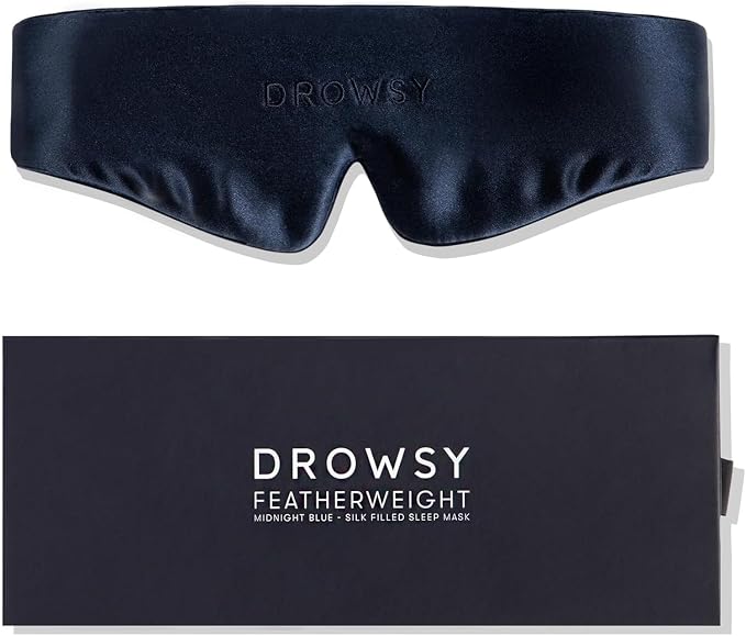 Drowsy Featherweight Silk Sleep Mask – Luxury Blackout Eye Mask for Sleeping & Travel, 100% Mulberry Silk, Lightweight Comfort, Adjustable Strap, Protects Skin & Hair (Midnight Blue)