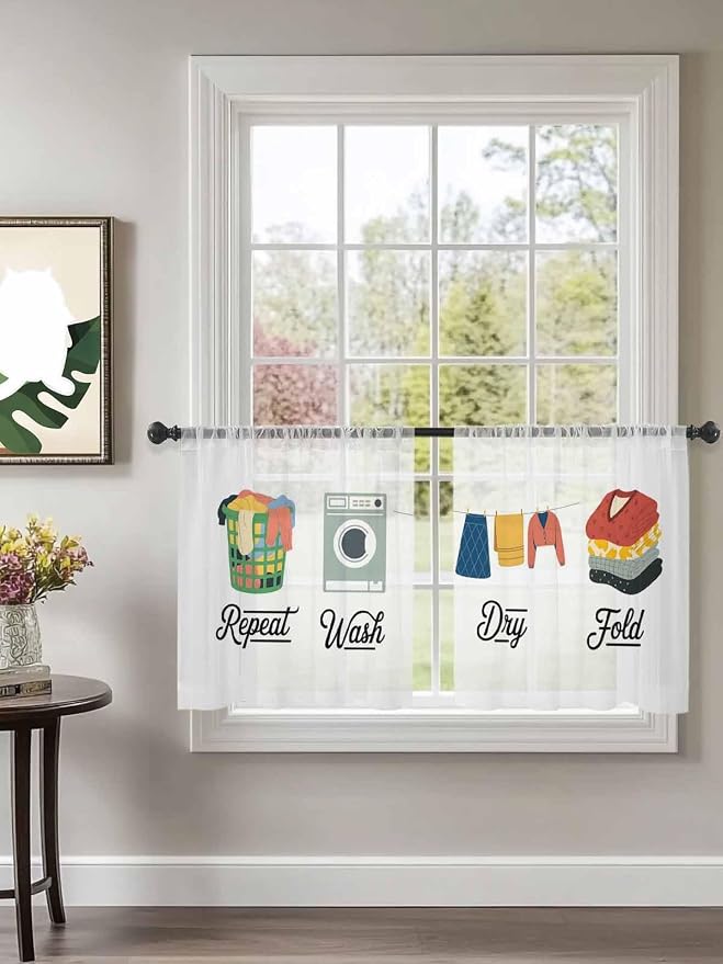 Laundry Voile Sheer Curtain 45 Inch, Rod Pocket White Sheer Window Curtain Panels, Laundry Room Short Semi-Sheer Tulle Drape Chiffon Fabric for Laundry Room Bedroom Living Room, Wash Dry Fold Repeat