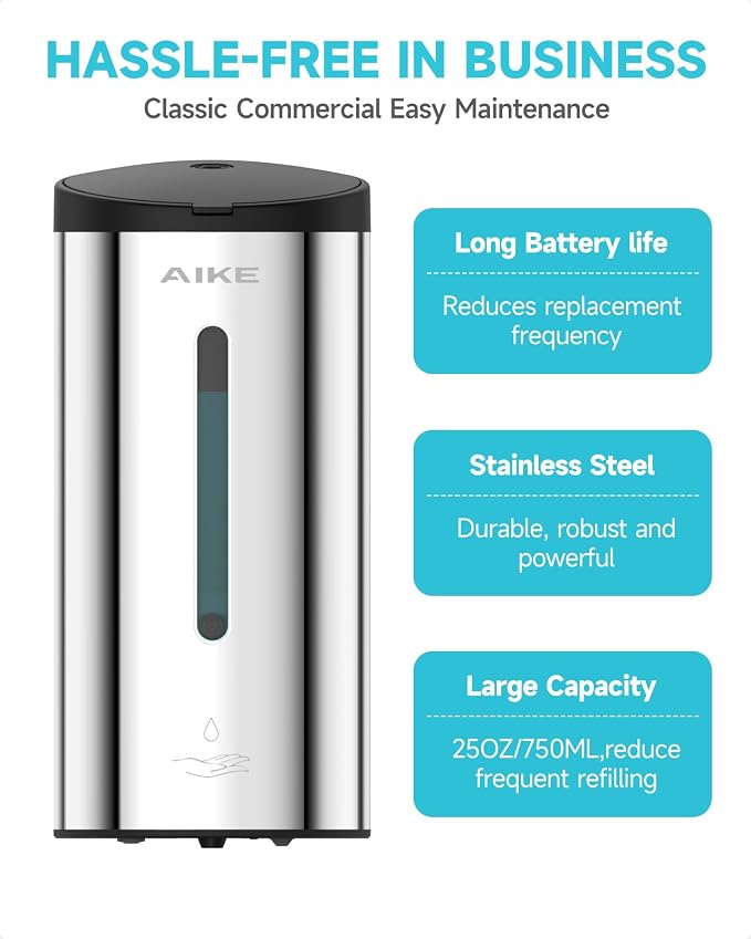 AIKE Automatic Liquid Soap Dispenser,25oz Capacity for Bathroom,Polished | No-Drill and Screw Wall Mount Install Design for Space-Saving,4*AA batteries(Not Included) Ensure Long Standby,Model AK1205E