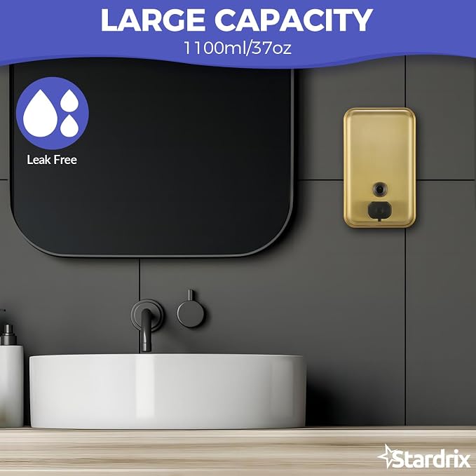 Stardrix Brushed Gold Stainless Steel Vertical 1100ml/37oz Capacity Commercial-Grade Soap Dispenser, Wall-Mounted Bathroom Hand Soap Dispenser with Corrosion-Proof Lining and Anti-Leak Pump