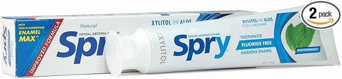Spry Natural Fluoride Free Xylitol Toothpaste, 5oz Peppermint (Pack of 2) | Gentle for Sensitive Teeth Whitening and Remineralizing, Bad Breath Freshening, Dry Mouth Moisturizing, for Adults and Kids