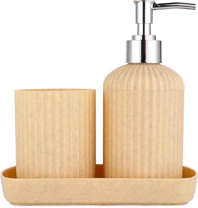 Bathroom Accessories Set of 3, Toothbrush Holder, Liquid Soap Dispenser & Tray, Unbreakable Plastic Organizer for Sink & Bathroom Essentials, Handwash, Sanitizer, Shampoo, Lotion (Beige)