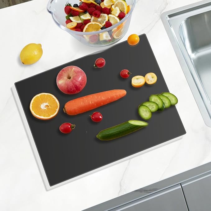 Mymonfif Tempered Glass Cutting Board for Kitchen, Black Glass Board for Countertop, Heat Resistant, with Non-Slip Feet, 12x16" 1Pcs