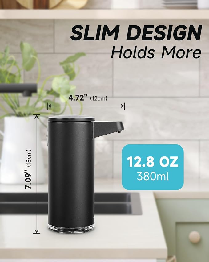 AIKE SensePro Automatic Soap Dispenser 12.8oz Spot Resist Matte Black | Type-C Charge with Months Long Standby Time, Adjustable 5 Levels Precise Dispense for Home Dish Soap and Hand Soap