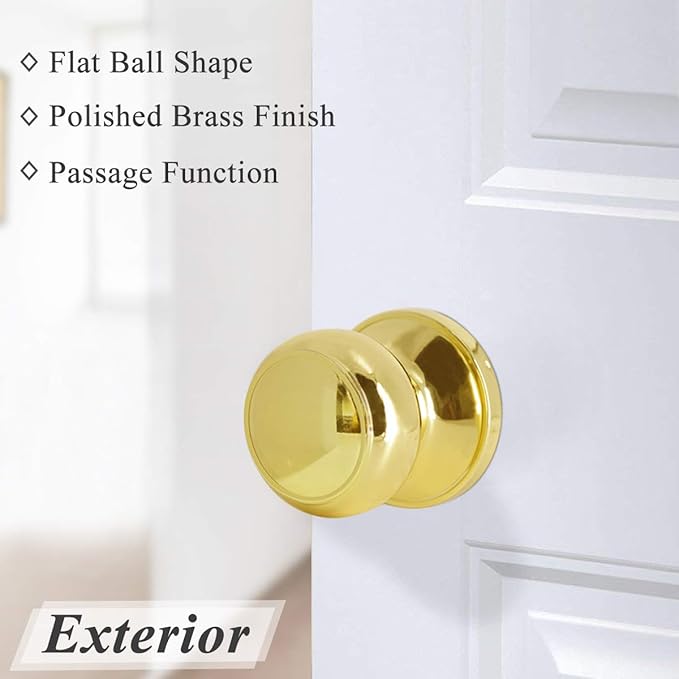 Probrico Keyless Flat Ball Door Knob, Non-Locking Passage Door Hardware in Polished Brass for Closet, Hallway & Passage Handle, 1 Pack