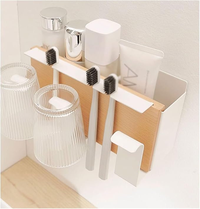 Toothbrush Rack Aviation Aluminum Wall-Mounted Toothbrush Holder Solid Wood Hanging Toothpaste Holder Bathroom Multi-Function Storage Box Bathroom Toothbrush Holder(S15.5cm)