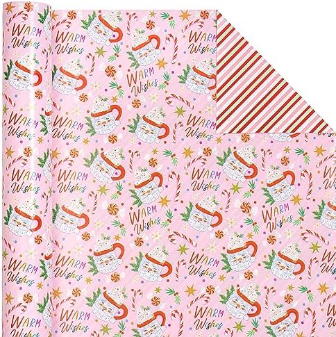 WRAPAHOLIC 30 Inch Reversible Christmas Wrapping Paper - 30 Inch x 33 Feet - Santa Claus Cup and Stripe Wrapping Paper for Chrsitmas, Holiday, Party Celebration