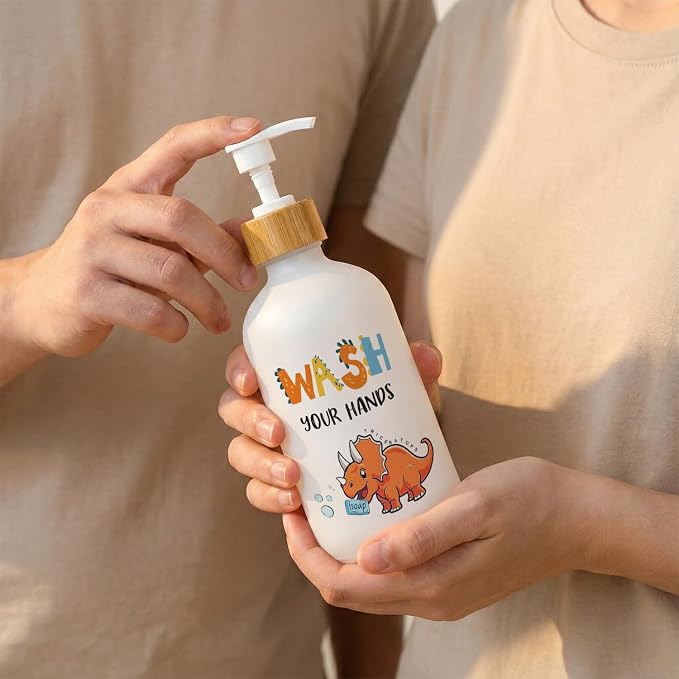 Kids Bathroom Soap Dispenser, Dinosaur Glass Dish Soap Dispenser with Pump for Kitchen, Wash Your Hands Toddler Bathroom Countertop Handsoap Refillable Container