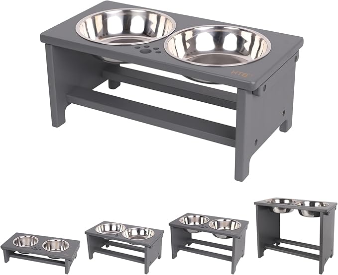 HTB Elevated Dog Bowl Stand with 2 Stainless Steel Bowls-7" H Medium Grey | Raised Dog Bowl Stand, 7"tall, 29 Oz Bowls, for Medium Sized Dogs, Pet-safe, Solid Bamboo