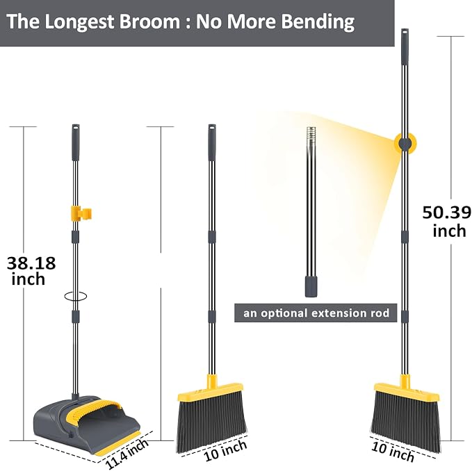 Upgrade Broom and Dustpan Set, Broom with Dustpan Combo Set, Self-Cleaning with Dustpan Teeth, Indoor&Outdoor Sweeping, Stand Up Broom and Dustpan (Gray&Yellow)
