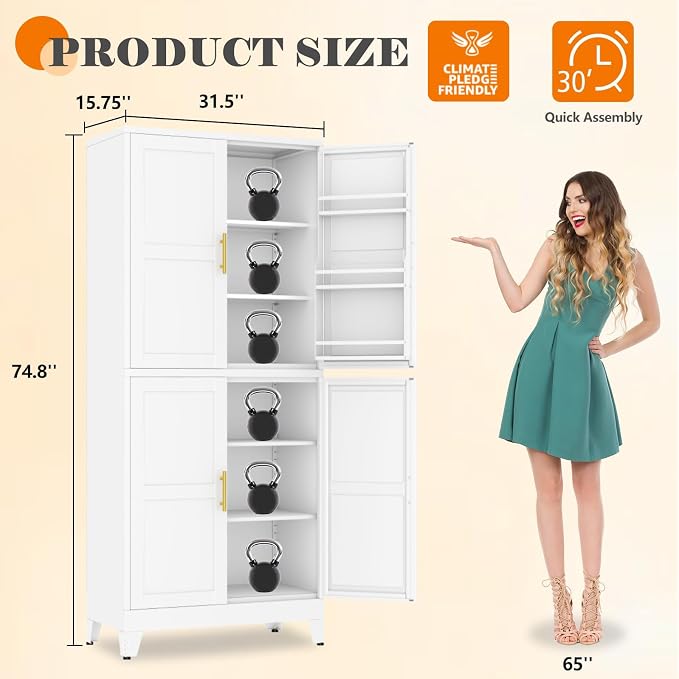 GAIOUS 74.8" Tall Metal Food Cabinet, White Kitchen Pantry Cabinet, Storage Cabinets with 4 Door and 4 Adjustable Shelves, Steel Freestanding Cupboard for Kitchen Dining Room Living Room Bathroom