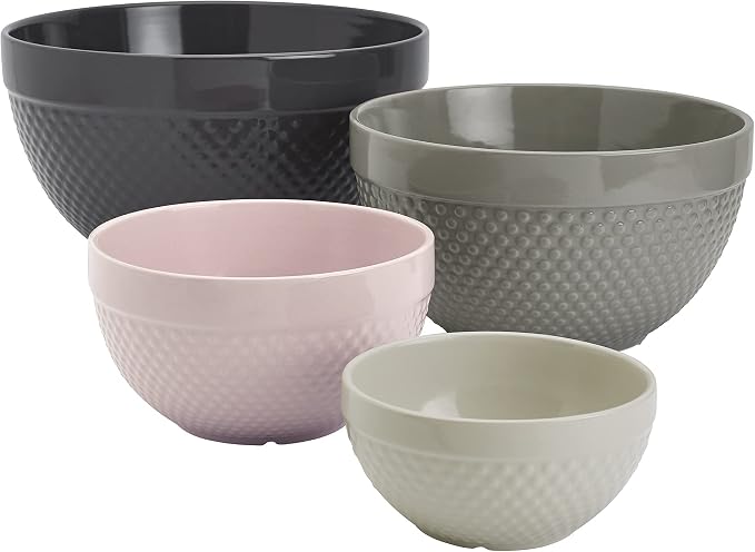 Tabletops Gallery Hobnail Style 4 Piece Timeless Grey Stoneware Nesting Mixing Bowl Set for Baking and Cooking