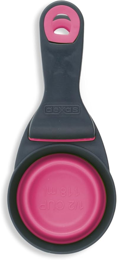Dexas Popware for Pets Collapsible Klip Scoop, 3-in-1 Pet Food Scoop, Measuring Cup and Bag Clip, 1/2 Cup Capacity, Pink