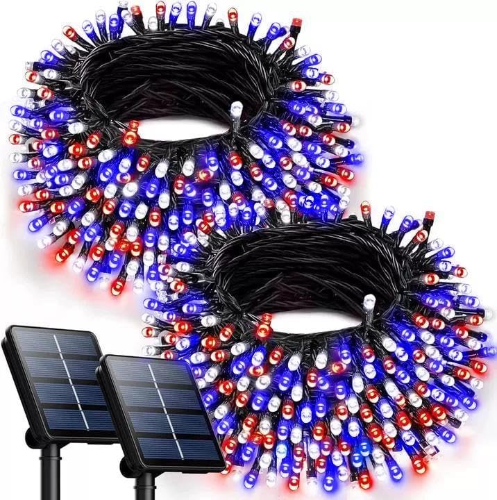 OZS 2 Pack 240 LED 4th of July Solar String Lights, Red White Blue
