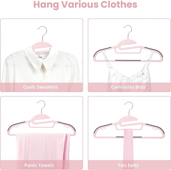 Heavy Duty Plastic Hangers 50 Pack with Non-Slip Design,0.2 Inches Thick,360°Swivel Hook Space Saving Organizer for Bedroom Closet,Shirts,Pants,Strong Enough for Coat(Pink- S Shaped)