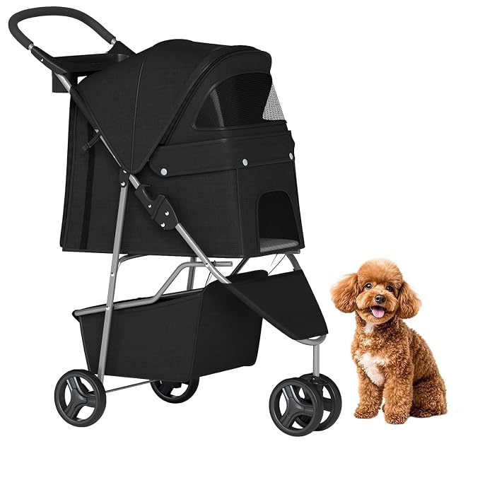 BestPet | 3-Wheel Pet Stroller | Dog and Cat Stroller | Breathable Mesh | Lightweight Travel Carrier | Waterproof & Foldable Design | Storage Basket | Black | for Daily Walks & Outdoor Use