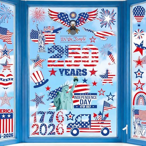 124 PCS 4th of July Window Clings, 9 Sheets 250th Anniversary Fourth of July Decorations, Red White Blue Independence Day Decor with USA Flags Eagles, Patriotic Window Clings for Home Parade