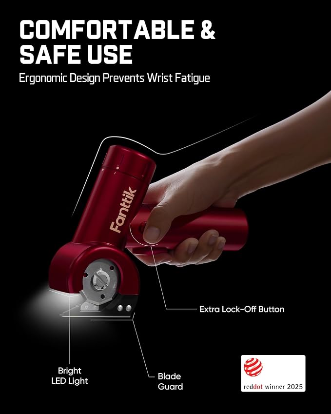 Fanttik C8 Nano Easyswap Electric Scissors with LED Display, Type-C Rechargeable Cordless Cardboard Cutter with 2 Blades, EasySwap Blade Change, LED Light, for Thin Cardboard Box Carpet Leather, Red