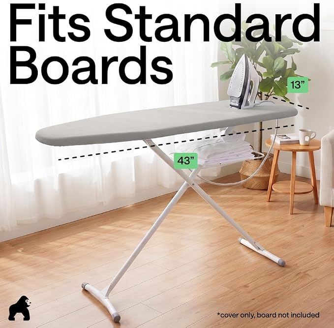 GORILLA GRIP The Original Ironing Board Cover and Pad, Silicone Coating, 400°F Scorch Resistant Thick Padding, Heavy Duty Iron Covers Standard Boards, Hook and Loop Fastener Strap, Silver 13x43