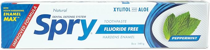 Spry Natural Fluoride Free Xylitol Toothpaste, 5oz Peppermint (Pack of 2) | Gentle for Sensitive Teeth Whitening and Remineralizing, Bad Breath Freshening, Dry Mouth Moisturizing, for Adults and Kids