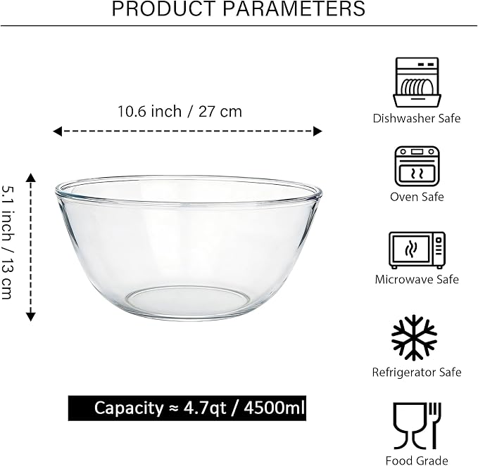 Large Glass Mixing Bowl - 4.7 Quart Clear Glass Salad Bowls - Glasses Bowl for Sourdough, Baking, Bread Making, Kitchen