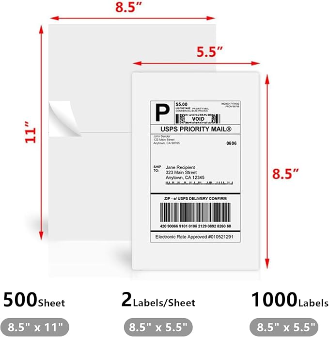 9527 Product 8.5" x 5.5" Half Sheet Self Adhesive Shipping Labels for Laser & Inkjet Printers, Easy to Peel Label, 500 Sheet 8.5 x 11 Address Labels, 2 Labels per Sheet (1000 Labels)