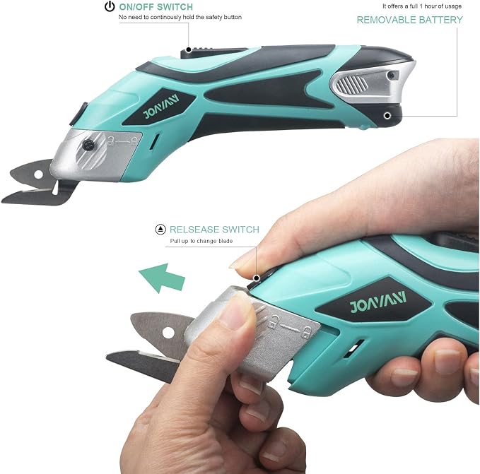 Cordless Electric Scissors for Cutting Fabric, Cardboard, Box Cutter, Carpet. Power Shears for Sewing, Scrapbooking, Crafting (2pc Battery, 2pc Blade - Lower Noise)