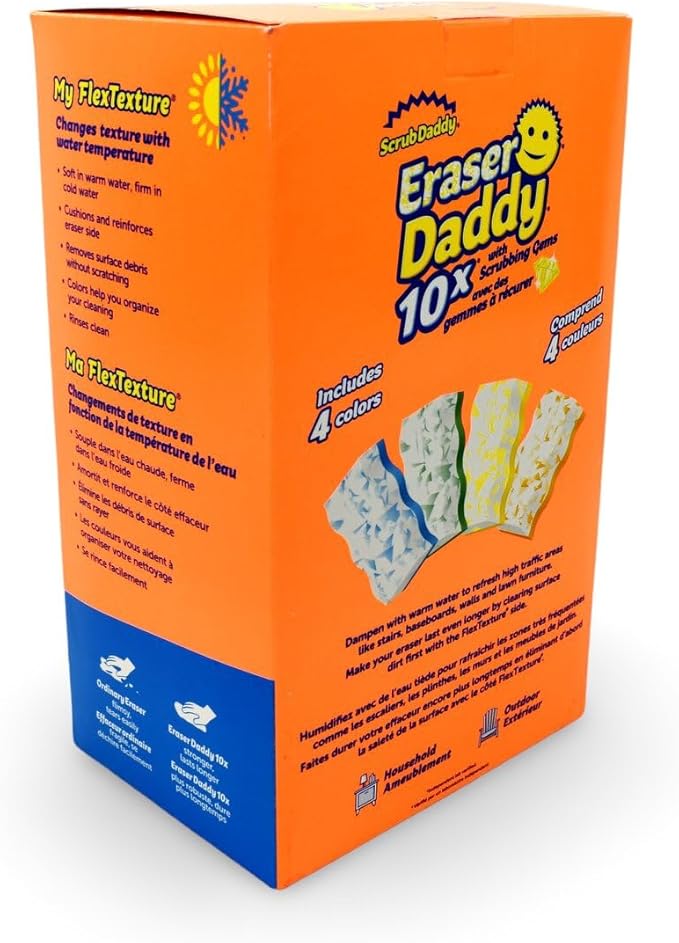Scrub Daddy - Eraser Daddy with Scrubbing Gems Dual-Sided Scrubber and Eraser, Lasts 10x Longer Than Ordinary Melamine Erasers, Water Activated, Ergonomic, Pack of 12, Includes 4 Colors