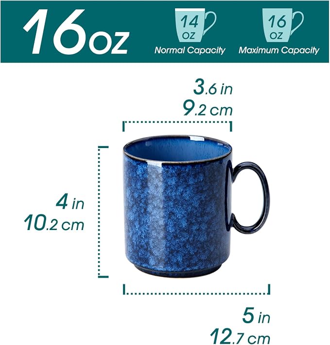 vancasso STARRY Ceramic Coffee Mugs Set of 6, 16 oz Large Coffee Cups for Latte, Cappuccino, Tea & Hot Cocoa, Artisan Modern Style for Coffee Bar, Home & Kitchen, Microwave & Dishwasher Safe, Blue
