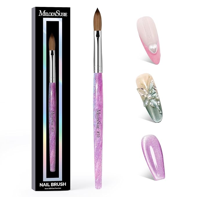 MelodySusie Kolinsky Acrylic Nail Brush,66% Kolinsky Hair Professional Nail Art Brush for Acrylic Application, Aurora Collection Fine Glitter Brush, Purple, Size 10