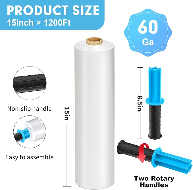 Stretch Film, PANDRI 2 Rolls Stretch Wrap with Handles Industrial Strength, Clear Shrink Wrap, Plastic Wrap for Moving Pallet Wrap, 15" x 1200 Ft Per Roll, 60 Ga, 2 Handles