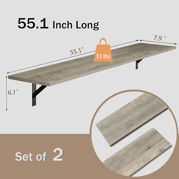 DINZI LVJ Long Wall Shelves, 55.1Inch Wall Mounted Shelves Set of 2, Extra Large Floating Storage Ledges with Sturdy Metal Brackets for Living Room, Bathroom, Bedroom, Kitchen, Gray Wash