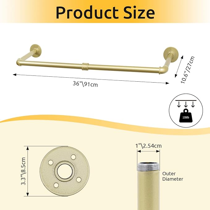 Oroonoko 36 inch Gold Industrial Pipe Clothes Rack,Pipe Garment Rack Hanging Rod Bar for Closet Storage,Laundry Room Up to Max Load 135lbs