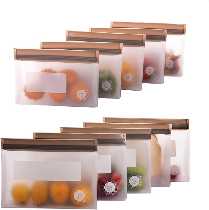Reusable Food Storage Bags – 10-Pack Stand-Up, BPA-Free, Freezer, Dishwasher Safe, & Eco-Friendly – 5 L, 5 M Bags – Airtight Leakproof Sandwich, Snack, Travel & Make-Up baggies (Grey)