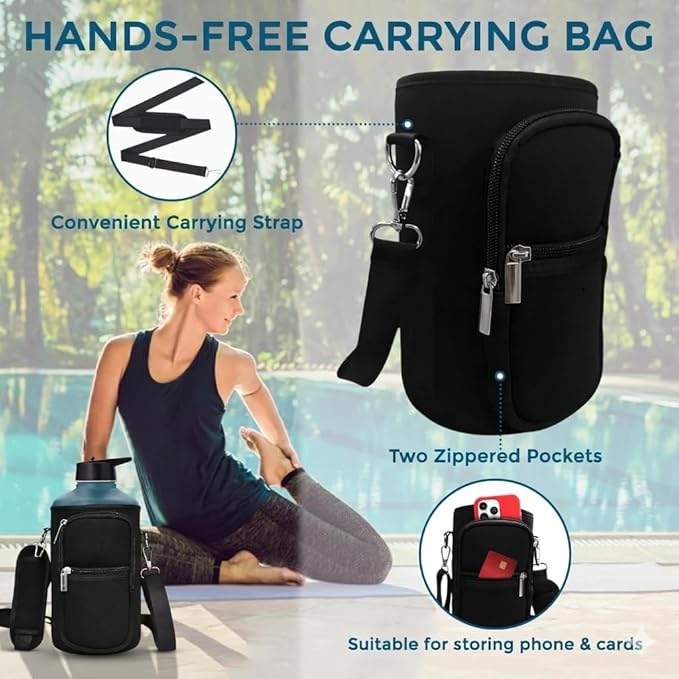 Travel Water Bottle with Carrying Bag, 3 Lids (Spout, Straw, Handle), and Bottle Brush; Leak Proof, Quality, Vacuum Insulated, Stainless Steel (Charcoal Fog, 64 oz)