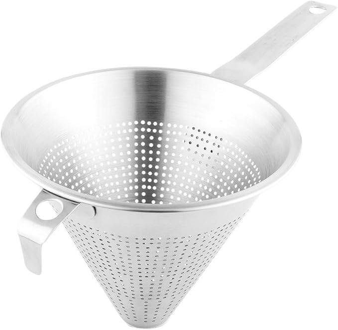 Restaurantware-Met Lux 14.75 Inch x 6 Inch x 7 Inch Cone Strainer, 1 With Hook Steel Strainer - Cone-Shaped, Ergonomic, Stainless Steel China Cap Strainer, For Straining Seeds, Beans, Sauces And More