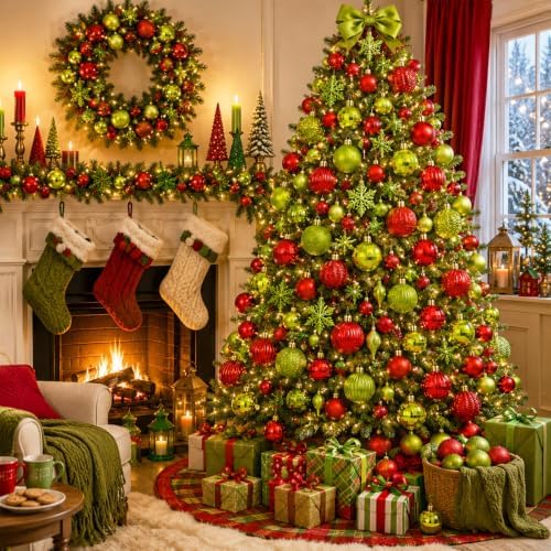 Lunmon 64 Pcs Lime Green and Red Christmas Ball Ornament Green Xmas Bulbs