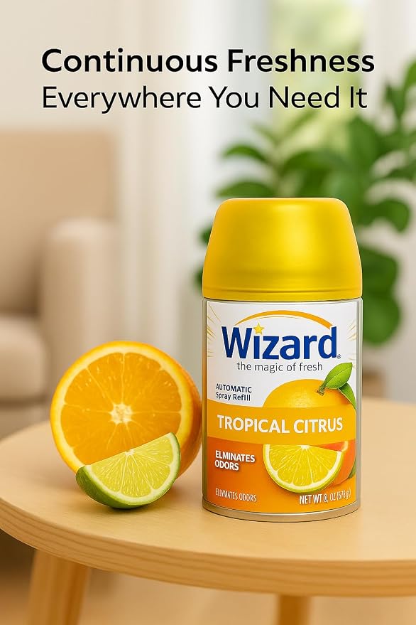 Wizard Automatic Spray Refill – Tropical Citrus, 5 oz (12 Pack) | Compatible with Air Wick Freshmatic & Glade Dispensers | Long Lasting Odor Neutralizer for Home & Office