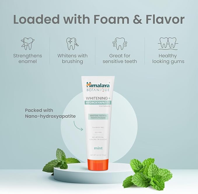 Himalaya Botanique Whitening Hydroxyapatite Toothpaste, Mint, 4 oz, 2 Pack | Nano Hydroxyapatite Toothpaste, Support Enamel Strength & Integrity,Great for Sensitive Teeth, Fluoride Free,SLS Free & Vegan