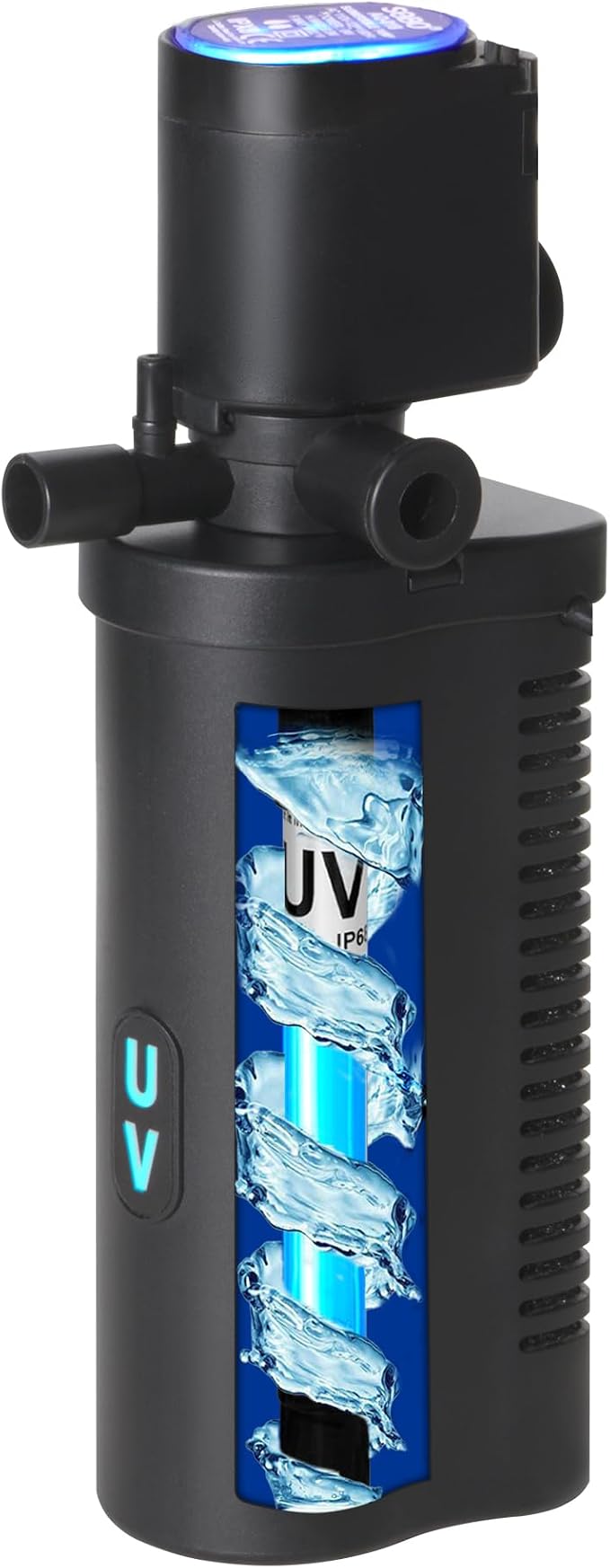 TARARIUM 10-45 Gal U-V Aquarium Filter for Fish Turtle Tank, Dual Outlets | Bio Sponge+U-V, Clear Green Water, Quiet Internal Filter, Aeration, Deodorizing, Top LED Light, Saltwater Freshwater, 132GPH