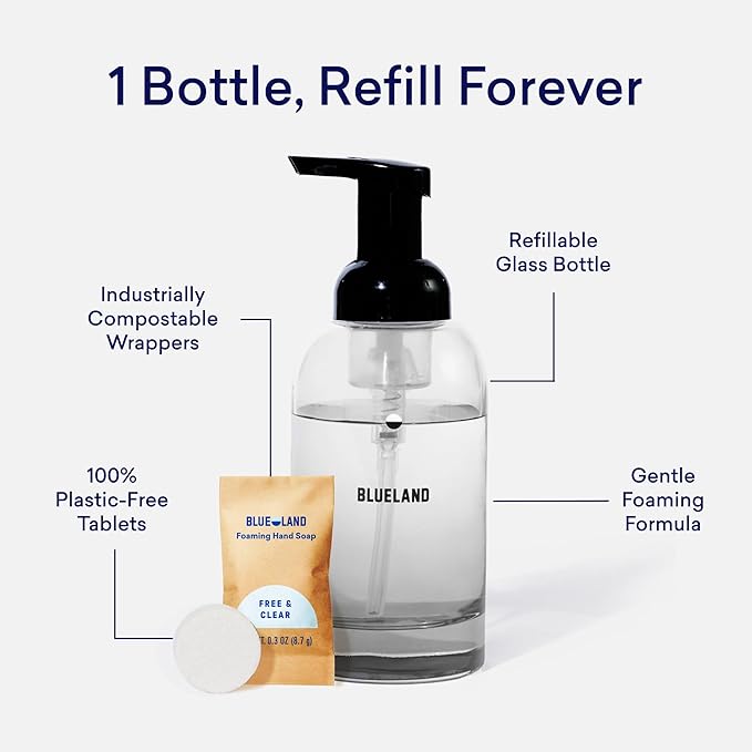 BLUELAND Hand Soap Starter Set, 1 Bottle with 4 Refill Tablets, Variety | 100% Plastic-Free Tablet, Plant & Mineral-Based, Hypoallergenic, EPA Safer Choice, Safe for Sensitive Skin