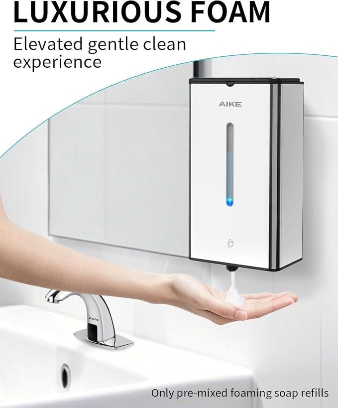 AIKE Automatic Foaming Soap Dispenser 33.8oz for Bathroom,Polished AK1207FA | Rich Foam and Steel Finish,5-Level Adjustable and Key for Commercial(Battery Not Included),Screw Wall Mount for Space-Saving