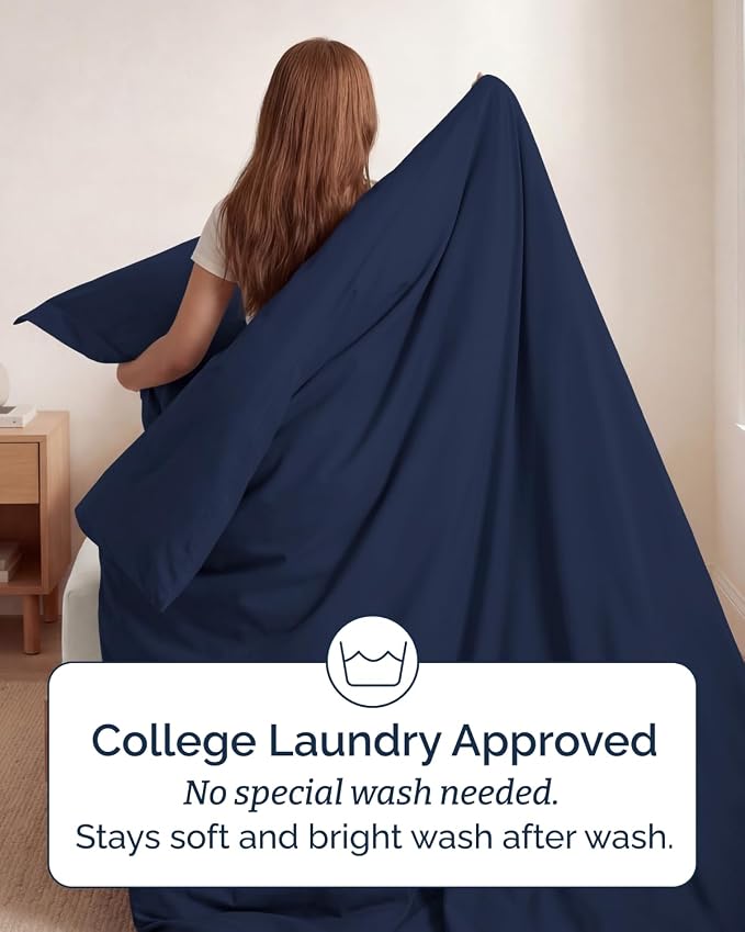 Duvet Cover Twin/Twin XL Size Set - Extra Soft Twin/Twin XL Duvet Cover 68" x 90" with 1 Pillow Sham for Women, Men, Kids & Teens - Comfy, Easy-Care & Fade Free w/ Zipper Closures & Ties (Navy Blue)